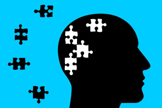 Illustration of a silhouette of a bald head with puzzle pieces\nmissing from the cranium, all on a blue background.\n